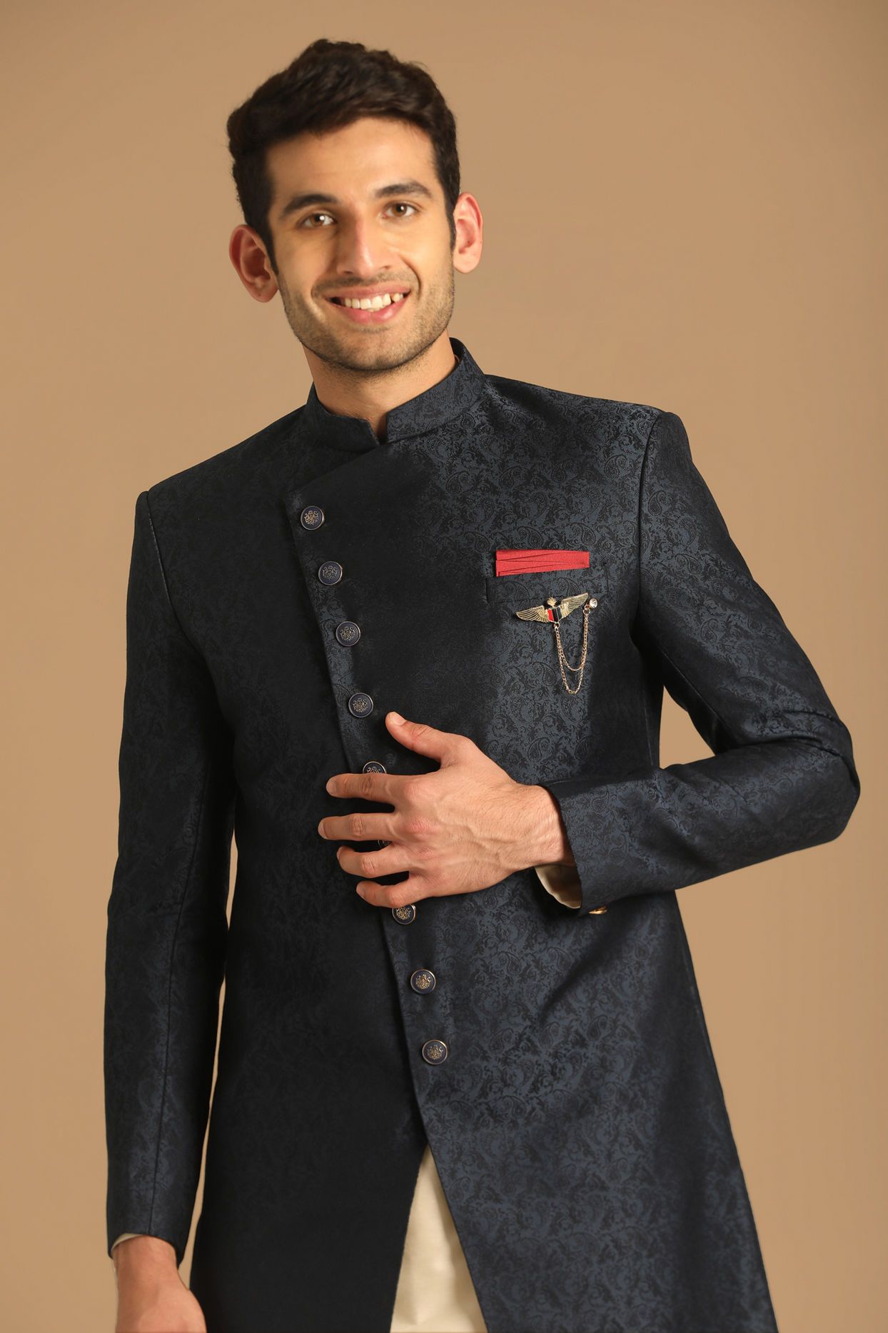 alt message - Manyavar Men Sophisticated Blue Indo Western image number 0